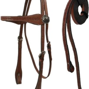 Hand-Tooled Barbwire Western Browband Horse Headstall with Matching Split Reins