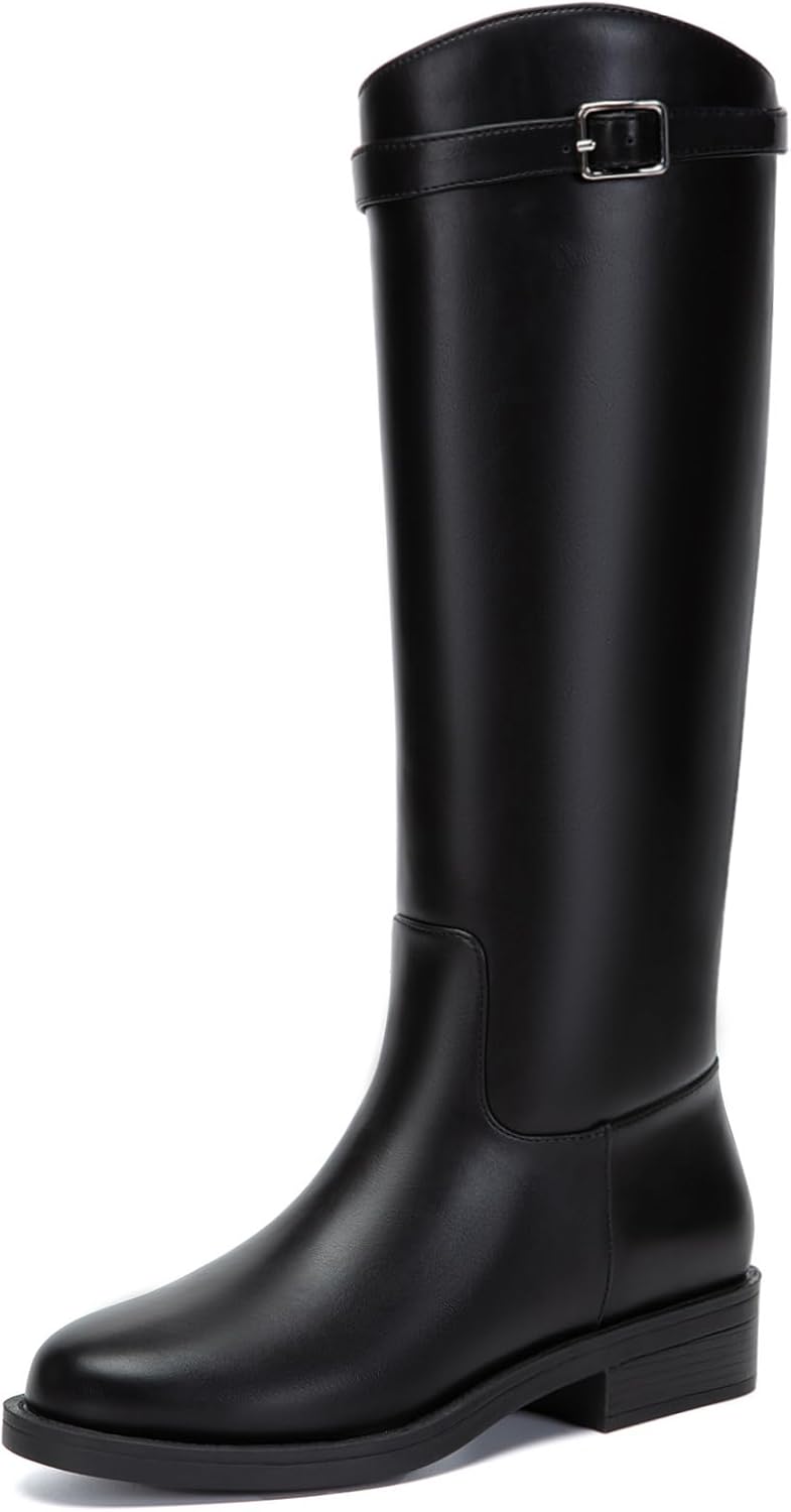 Women's Over-the-Knee Riding Boots, Round Toe Low Heel, Slip-on Boots with Buckle