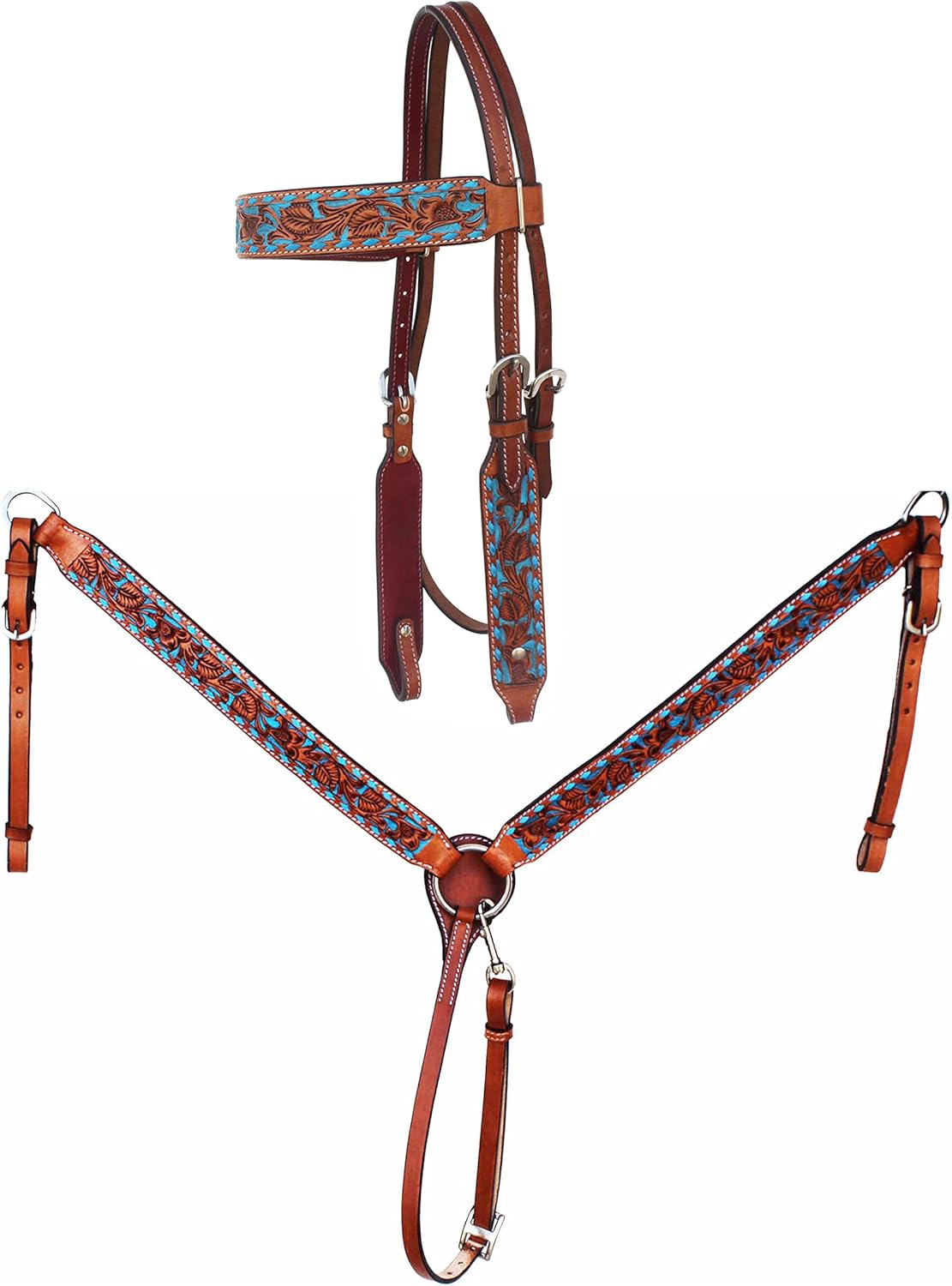 Horse Floral Tooled Browband Bridle & Breast Collar Set