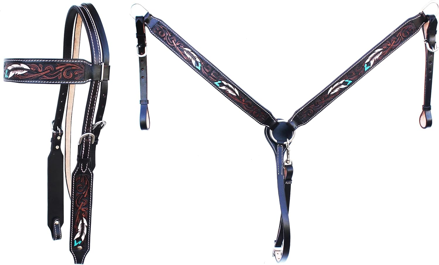 Horse Floral Tooled Browband Bridle & Breast Collar Set