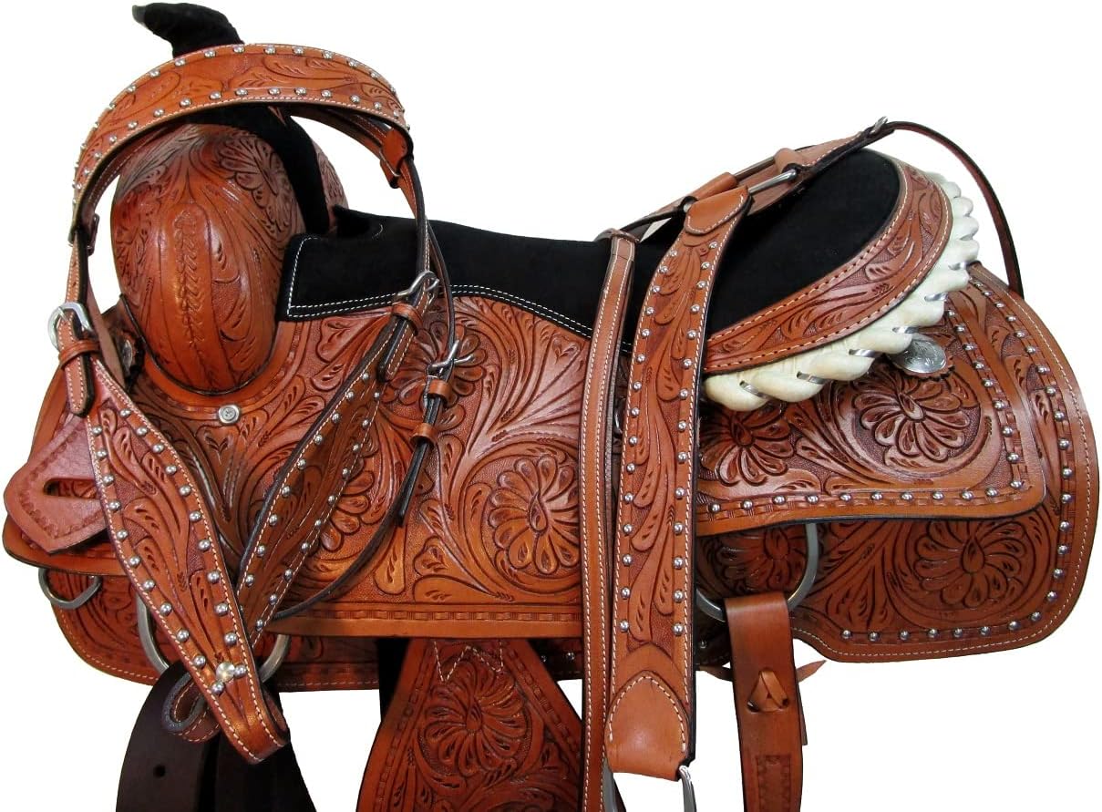 Western Trail Saddle Horse Pleasure Comfortable Tooled Rodeo Cowboy Saddles 15 16 17 18