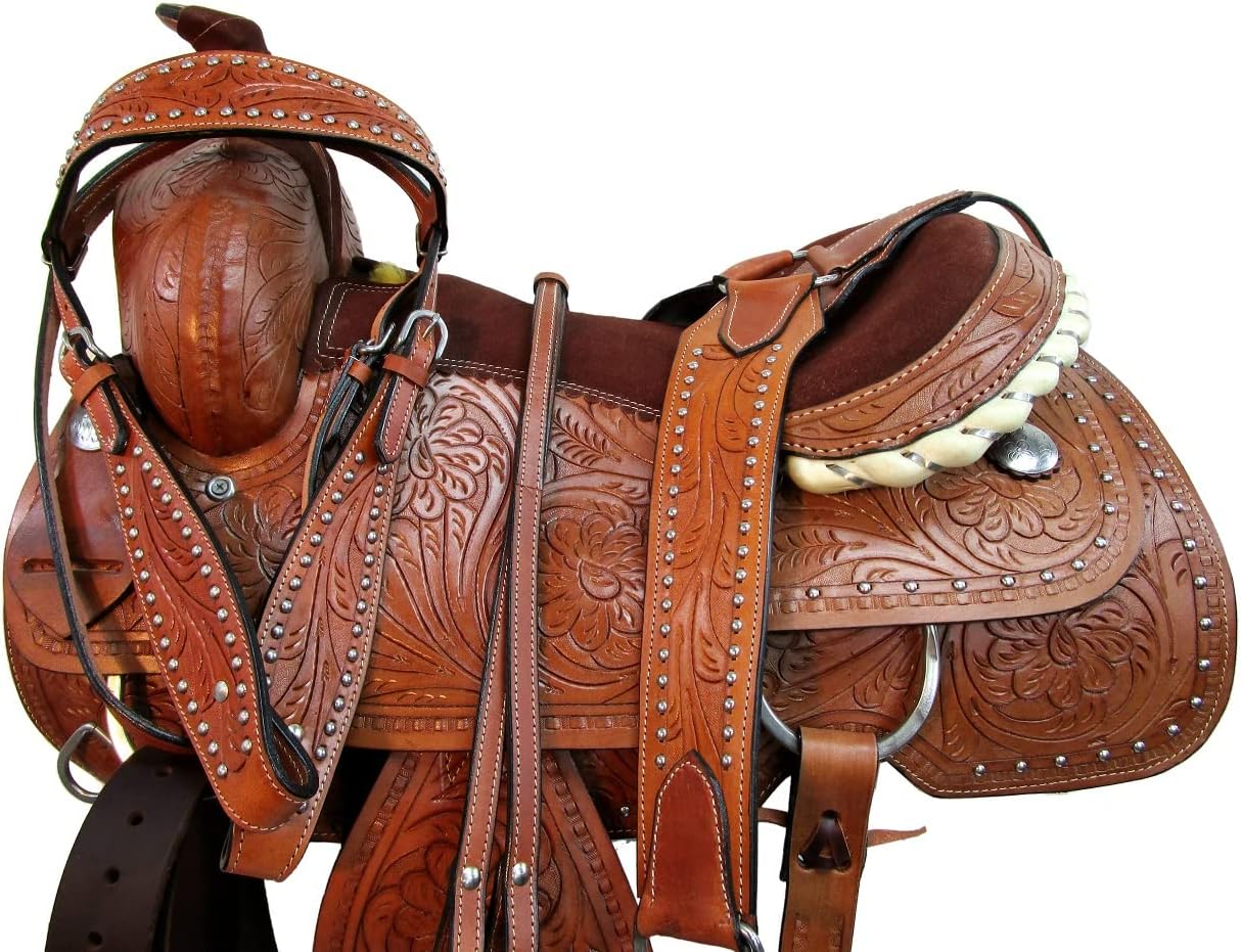 Western Trail Saddle Horse Pleasure Comfortable Tooled Rodeo Cowboy Saddles 15 16 17 18