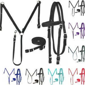 Nylon Padded Equestrian Browband Headstall, Reins & BreastCollar Set for Horse- Full