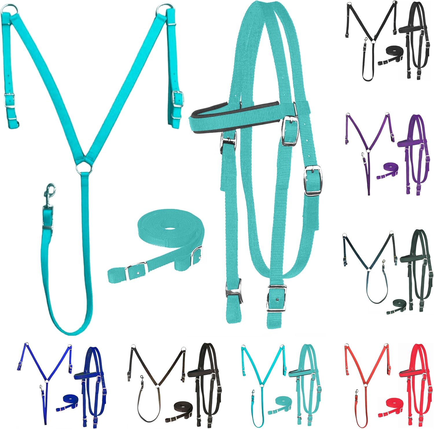 Nylon Padded Equestrian Browband Headstall, Reins & BreastCollar Set for Horse- Full